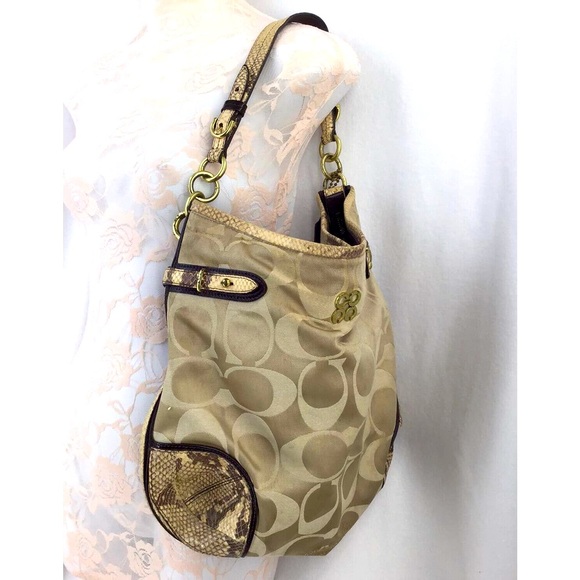 Coach Colette Signature Beige Sateen Python Leather Hobo Bag Size 13X13 - Picture 2 of 12